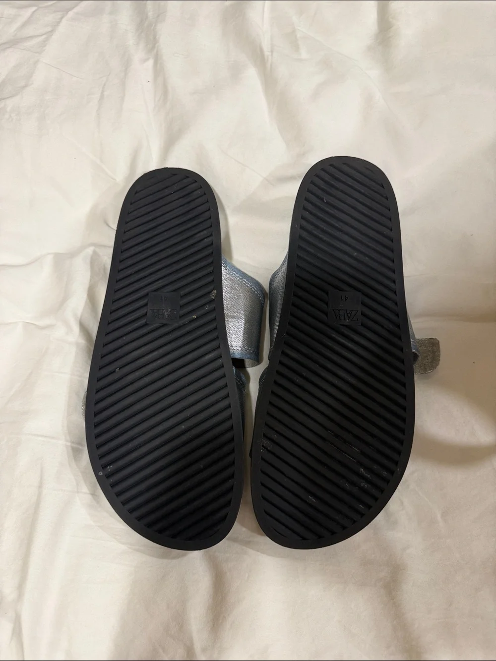 ZARA  Metallic Silver-Blue Double Buckle Slide Sandals